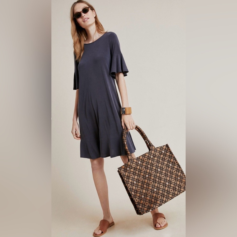 Anthropologie Averil Tee Dress Gray Flounce Ruffle Silky Soft Size Medium